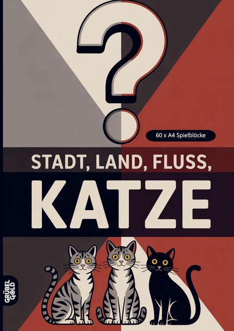 "Stadt, Land, Fluss, Katze" über Katzenillustrationen; ein großes Fragezeichen im Hintergrund.