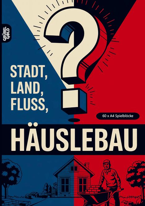 „Stadt, Land, Fluss, Häuslebau“. Illustration mit Fragezeichen und Hausbau-Szene in blau-rot.