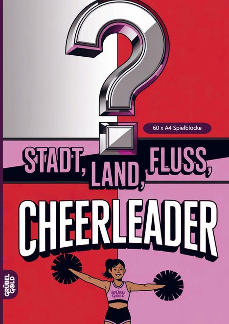 "Stadt, Land, Fluss, Cheerleader. 60 x A4 Spielblöcke." Ein großes Fragezeichen und eine Cheerleader-Illustration.
