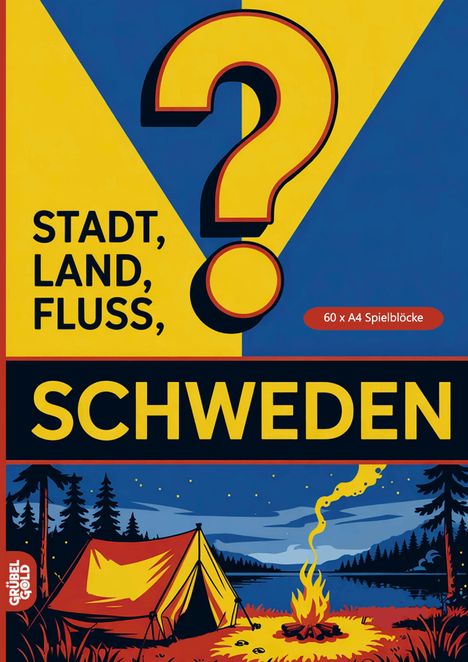 "STADT, LAND, FLUSS, SCHWEDEN" und "60 x A4 Spielblöcke". Illustration: Zelt und Lagerfeuer am Fluss, von Wald umgeben.