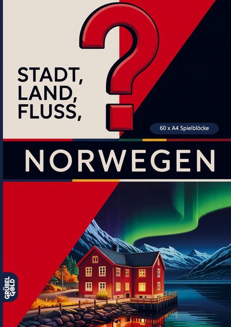 "STADT, LAND, FLUSS, NORWEGEN; 60 x A4 Spielblöcke." Rotes Fragezeichen, Haus am Wasser, polarlichter. Logos und Farben.