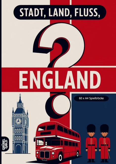 Text: "STADT, LAND, FLUSS, ENGLAND" und "60 x A4 Spielblöcke". Illustration: roter Bus, Big Ben, zwei Wachen.