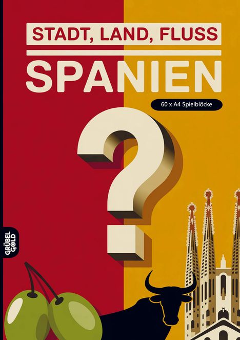 „STADT, LAND, FLUSS“, „SPANIEN“, „60 x A4 Spielblöcke“. Illustration: Oliven, Stier, Sagrada Família, Fragezeichen.