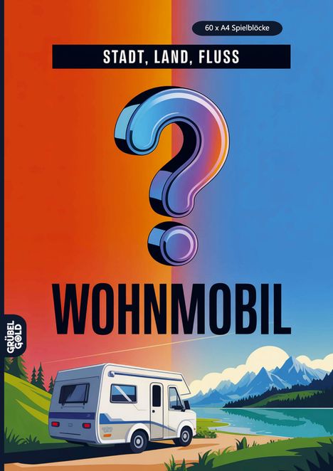 "STADT, LAND, FLUSS", "WOHNMOBIL", "60 x A4 Spielblöcke". Illustration eines Wohnmobils in einer Landschaft.
