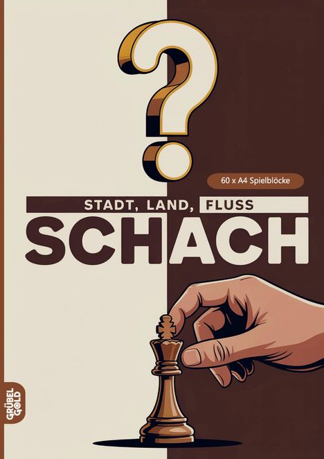 "STADT, LAND, FLUSS SCHACH" und "60 x A4 Spielblöcke". Illustration: Hand mit Schachfigur.