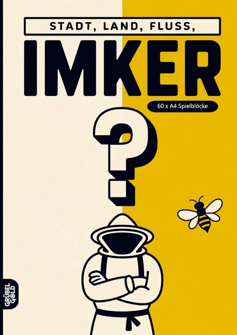 "Stadt, Land, Fluss, Imker. 60 x A4 Spielblöcke." Illustration mit Imker und Biene, große Fragezeichen.
