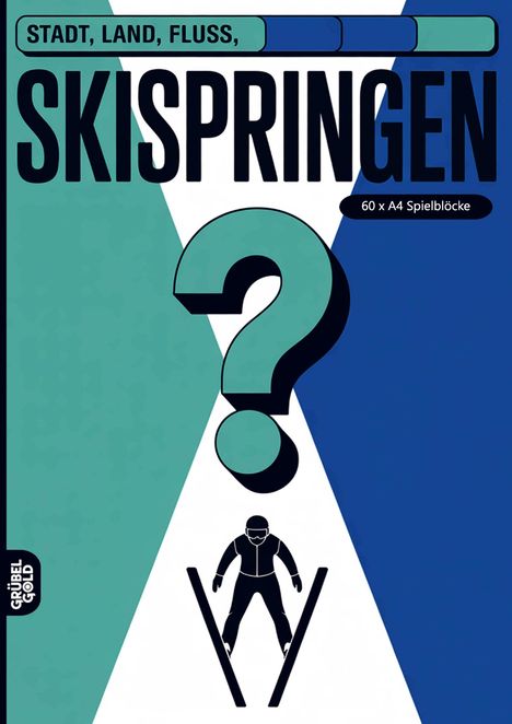Text: "STADT, LAND, FLUSS, SKISPRINGEN. 60 x A4 Spielblöcke." Illustration: Skifahrer auf Sprungschanze.