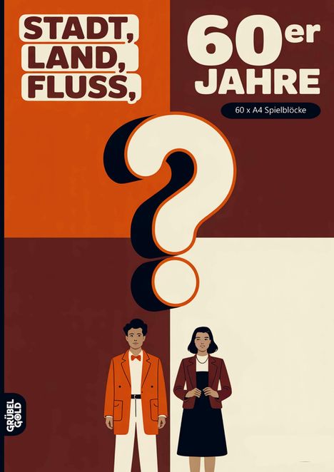 "60er Jahre. 60 x A4 Spielblöcke." Illustration: Ein großes Fragezeichen, stilisierte Personen, retro Farben.