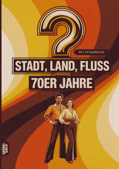 "STADT, LAND, FLUSS 70ER JAHRE" in Retro-Stil, ein großes Fragezeichen, Paar in 70er-Jahre-Kleidung; warme Erdtöne.