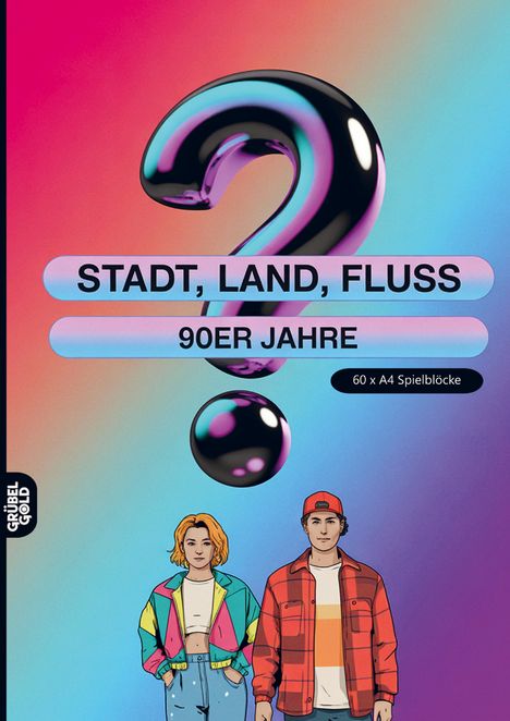 STADT, LAND, FLUSS, 90ER JAHRE. Zwei Personen in bunter 90er-Jahre-Kleidung, umgeben von einem bunten Hintergrund mit Fragezeichen.