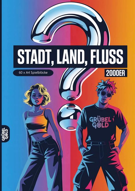 "STADT, LAND, FLUSS" und "2000ER" auf einem großen Fragezeichen. Zwei stilisierte Personen, farbenfroher Hintergrund.