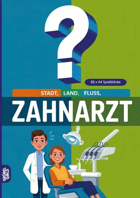 „STADT, LAND, FLUSS, ZAHNARZT“ und „60 x A4 Spielblöcke“. Eine Illustration eines Zahnarztes und Patientin.