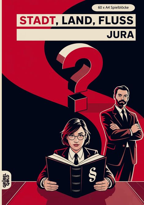 „STADT, LAND, FLUSS JURA“ steht oben. Zwei Personen in Anzügen, eine Frau hält ein Gesetzbuch.