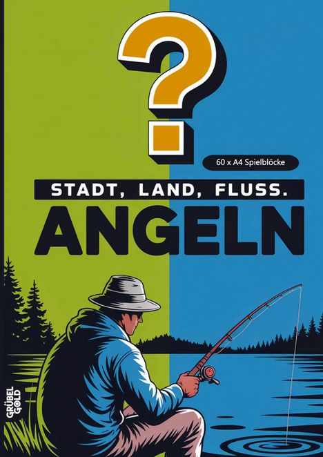 Stadt, Land, Fluss. Angeln. 60 x A4 Spielblöcke. Illustration eines Anglers am Fluss, helle Farben und Naturkulisse.