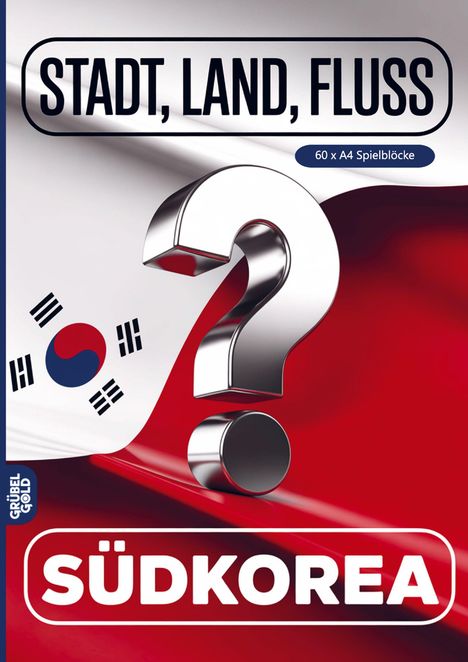 "STADT, LAND, FLUSS", "60 x A4 Spielblöcke", "SÜDKOREA". Südkoreanische Flagge, großes Fragezeichen-Design.