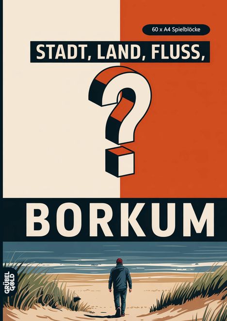 "Stadt, Land, Fluss, Borkum" in großen Buchstaben, daneben eine Küstenlandschaft mit einer Person, die zum Meer geht.