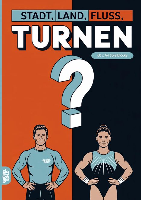 "Stadt, Land, Fluss, TURNEN", "60 x A4 Spielblöcke". Illustration: Sportler und Sportlerin, ein großes Fragezeichen.