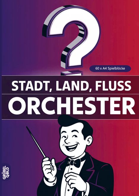 "Stadt, Land, Fluss: Orchester" mit einer Illustration eines lächelnden Dirigenten, der einen Taktstock hält.