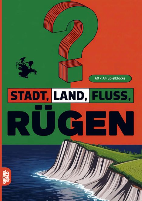 "STADT, LAND, FLUSS, RÜGEN" und "60 x A4 Spielblöcke". Illustration einer Küstenlinie mit Klippen und Meer.