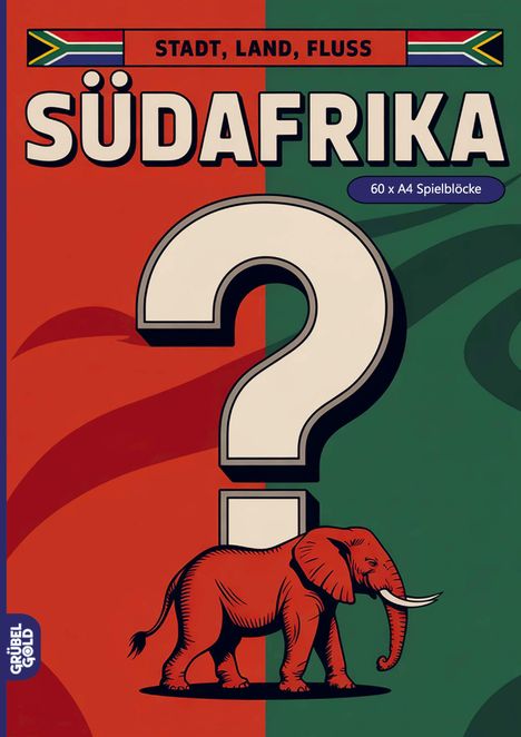 „SÜDAFRIKA“ und „STADT, LAND, FLUSS“ mit Fragezeichen und rotem Elefant vor rot-grünem Hintergrund. 60x A4 Spielblöcke.
