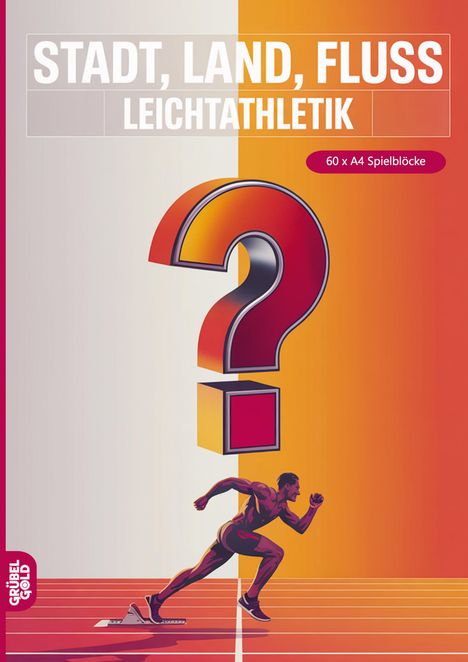 „STADT, LAND, FLUSS: LEICHTATHLETIK; 60 x A4 Spielblöcke“. Ein Athlet sprintet aus einem Startblock.