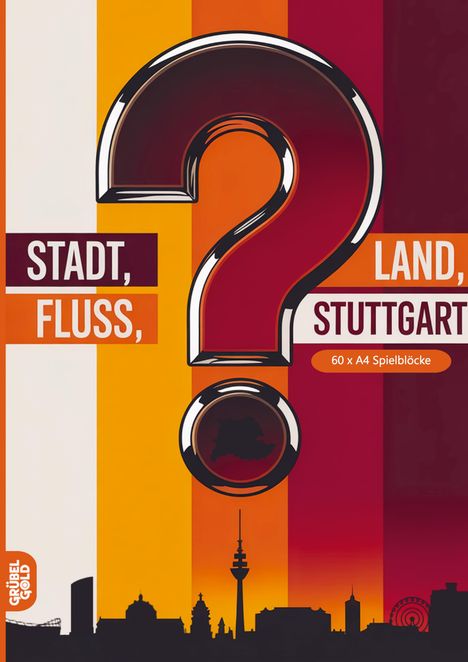 Text: "STADT, LAND, FLUSS, STUTTGART", "60 x A4 Spielblöcke". Illustration mit Fragzeichen und Stadt-Silhouette.