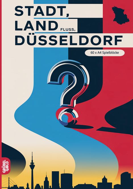 Text: "STADT, LAND, FLUSS, DÜSSELDORF. 60 x A4 Spielblöcke." Illustration eines Fragezeichens über Stadtsilhouette.