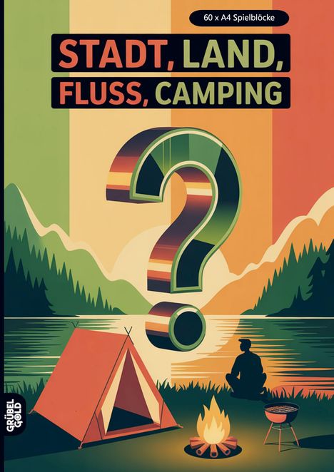 STADT, LAND, FLUSS, CAMPING. 60 x A4 Spielblöcke. Ein Campingplatz mit Zelt, Lagerfeuer, See und Bergen im Hintergrund.