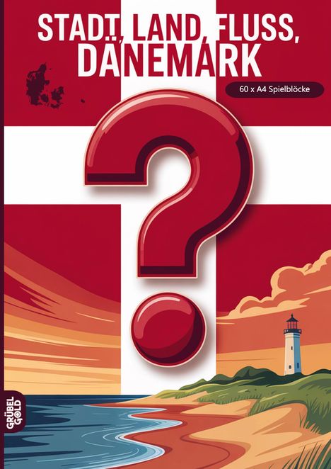 „STADT, LAND, FLUSS, DÄNEMARK“, 60 x A4 Spielblöcke. Illustration mit Fragezeichen, Küste, Meer und Leuchtturm.