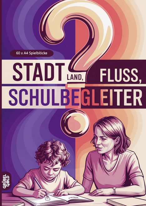 „Stadt Land Fluss Schulbegleiter“, Illustration: Frau beobachtet Kind beim Schreiben, großes Fragezeichen oben.