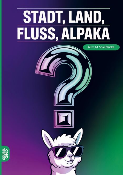 „STADT, LAND, FLUSS, ALPAKA“ steht groß oben. Darunter ein großes, buntes Fragezeichen. Ein Alpaka mit Sonnenbrille lächelt.