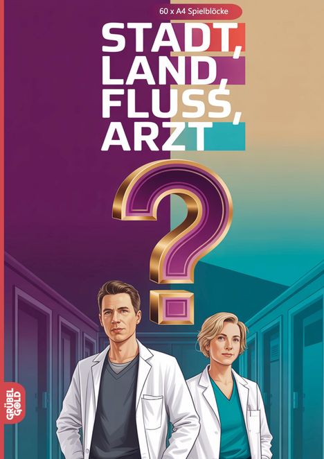 Text: "STADT, LAND, FLUSS, ARZT", "60 x A4 Spielblöcke". Zwei Ärzte in weißen Kitteln vor einem Fragezeichen.