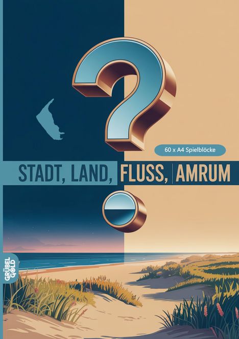 "60 x A4 Spielblöcke", "STADT, LAND, FLUSS, AMRUM". Eine Illustration mit Strand, Dünen und einem großen Fragezeichen.