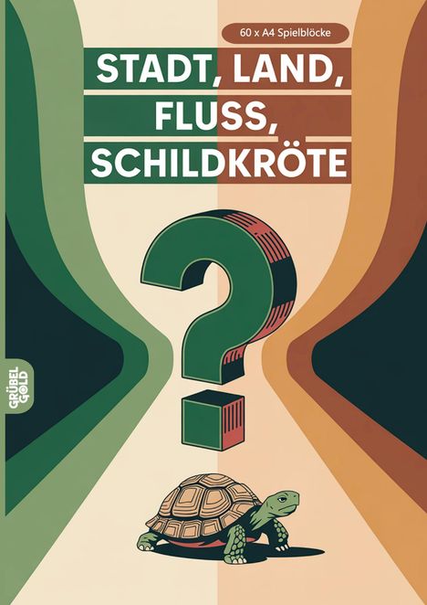 „STADT, LAND, FLUSS, SCHILDKRÖTE“ ist in großen Buchstaben zu lesen. In der Mitte ein großes Fragezeichen, unten eine Schildkröte.