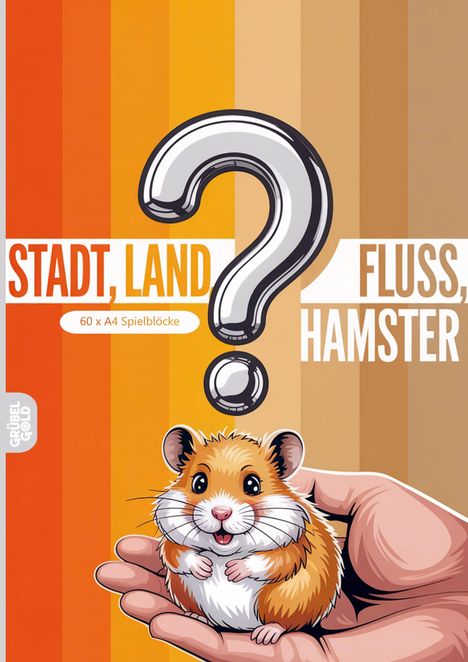 "STADT, LAND, FLUSS, HAMSTER" steht auf einem Hintergrund aus braunen Streifen. Ein Hamster sitzt in einer Hand unter einem großen Fragezeichen.
