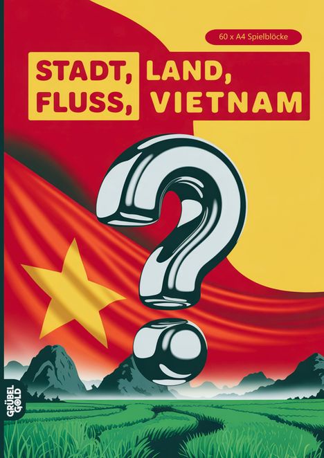 Text: "STADT, LAND, FLUSS, VIETNAM". Im Hintergrund eine Landschaft, Berge und grüne Felder mit Fragezeichen.