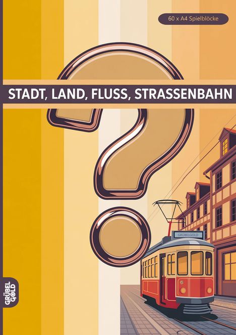 Oben steht "60 x A4 Spielblöcke". Zentral "STADT, LAND, FLUSS, STRASSENBAHN". Illustration einer Straßenbahn vor Gebäuden.