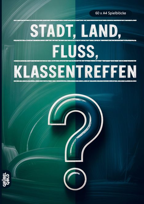 Text "STADT, LAND, FLUSS, KLASSENTREFFEN". Ein großes Fragezeichen vor grün-blauem Hintergrund. Unten links Logo.