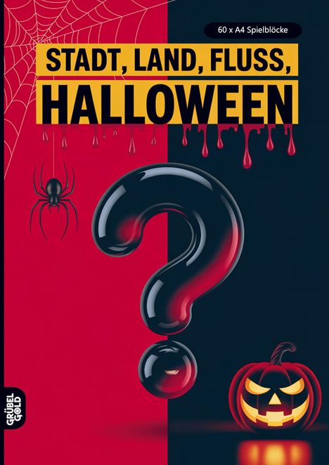 Text: "STADT, LAND, FLUSS, HALLOWEEN". Illustration: Spinnennetz, Fragezeichen, Kürbis.