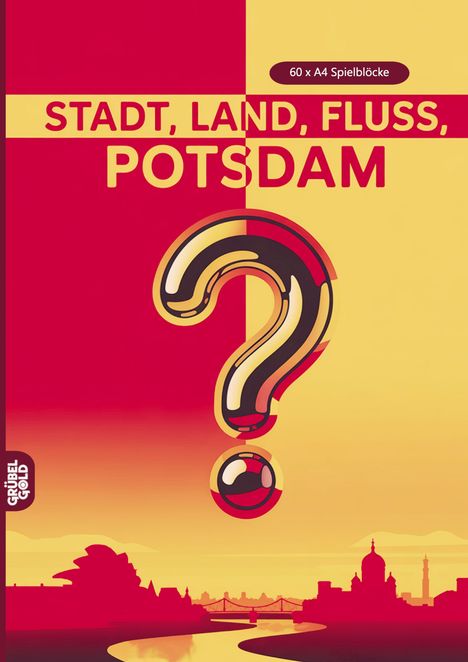 Text: "60 x A4 Spielblöcke", "STADT, LAND, FLUSS, POTSDAM". Illustration mit Fragezeichen, gelbe und rote Farbtöne, Stadtsilhouette.