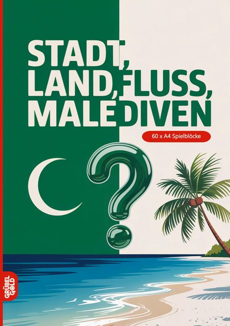 "STADT, LAND, FLUSS, MALÉDIVEN. 60 x A4 Spielblöcke" und "GRÜBEL GOLD". Illustration mit Palme, Strand, Fragezeichen.