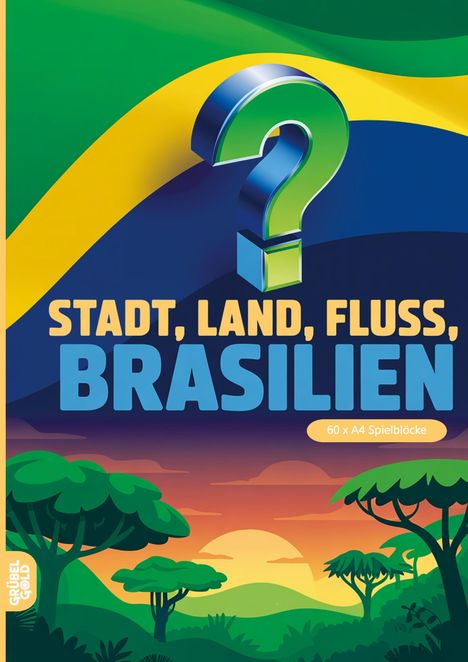 "Stadt, Land, Fluss, BRASILIEN" in großen Buchstaben, vor Regenbogen und tropischer Landschaft. 60 x A4 Spielblöcke.