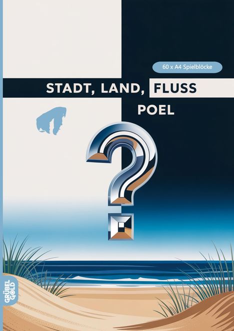 "STADT, LAND, FLUSS, POEL" und "60 x A4 Spielblöcke". Illustration von Strand und Meer mit Fragezeichen.