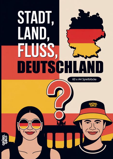 Text: "STADT, LAND, FLUSS, DEUTSCHLAND", "60 x A4 Spielblöcke". Illustration mit zwei Personen, Deutschlandkarte, Flaggenfarben.