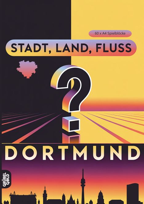 Text: "STADT, LAND, FLUSS", "60 x A4 Spielblöcke", "DORTMUND". Illustration mit einem Fragezeichen und einem Stadtsilhouetten-Hintergrund.