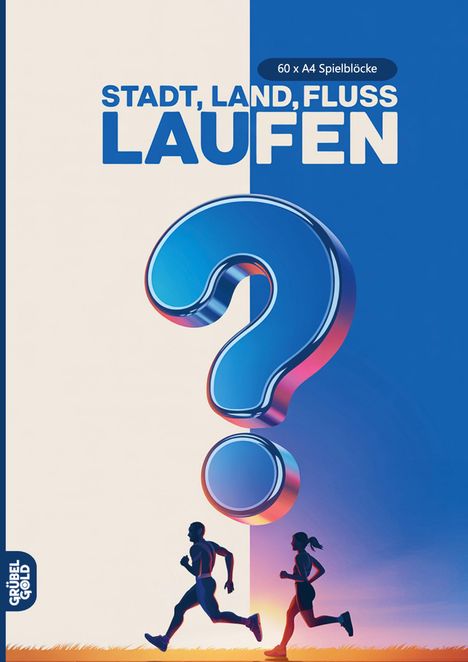 Text: "STADT, LAND, FLUSS LAUFEN" und "60 x A4 Spielblöcke". Illustration mit zwei laufenden Menschen und einem großen Fragezeichen.