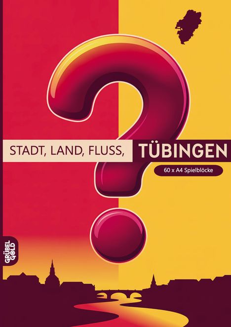 Text: „STADT, LAND, FLUSS, TÜBINGEN“, „60 x A4 Spielblöcke“. Illustration eines großen Fragezeichens.