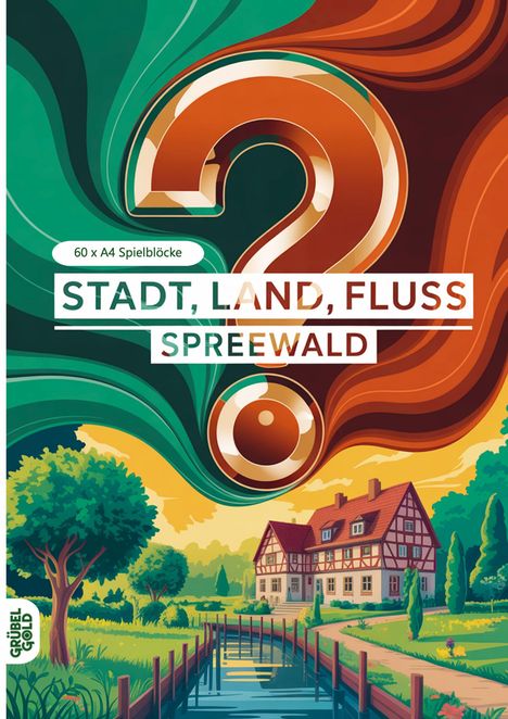 Text: "60 x A4 Spielblöcke, STADT, LAND, FLUSS, SPREEWALD". Illustration eines Fachwerkhauses im Grünen, Kanal im Vordergrund.