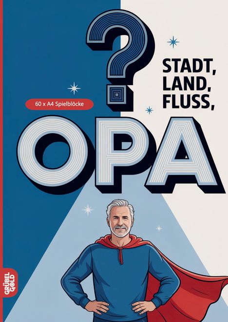 Text: "Stadt, Land, Fluss, Opa". Illustration: Ein älterer Mann im Superheldenkostüm vor einem blauen Hintergrund.