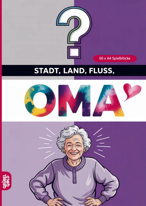 "Stadt, Land, Fluss, OMA", "60 x A4 Spielblöcke", Illustration einer fröhlichen Oma im Pullover mit Händen in der Hüfte.